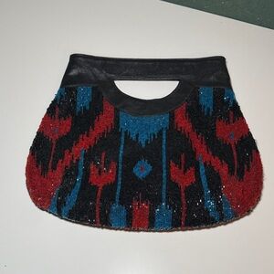 Moyna Vintage Black, Blue & Red Beaded Glitter Women's Bag Purse Clutch Eve Bag